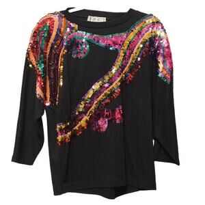 Vintage P.A. International Black Sequin Crop Sleeve Sweater‎